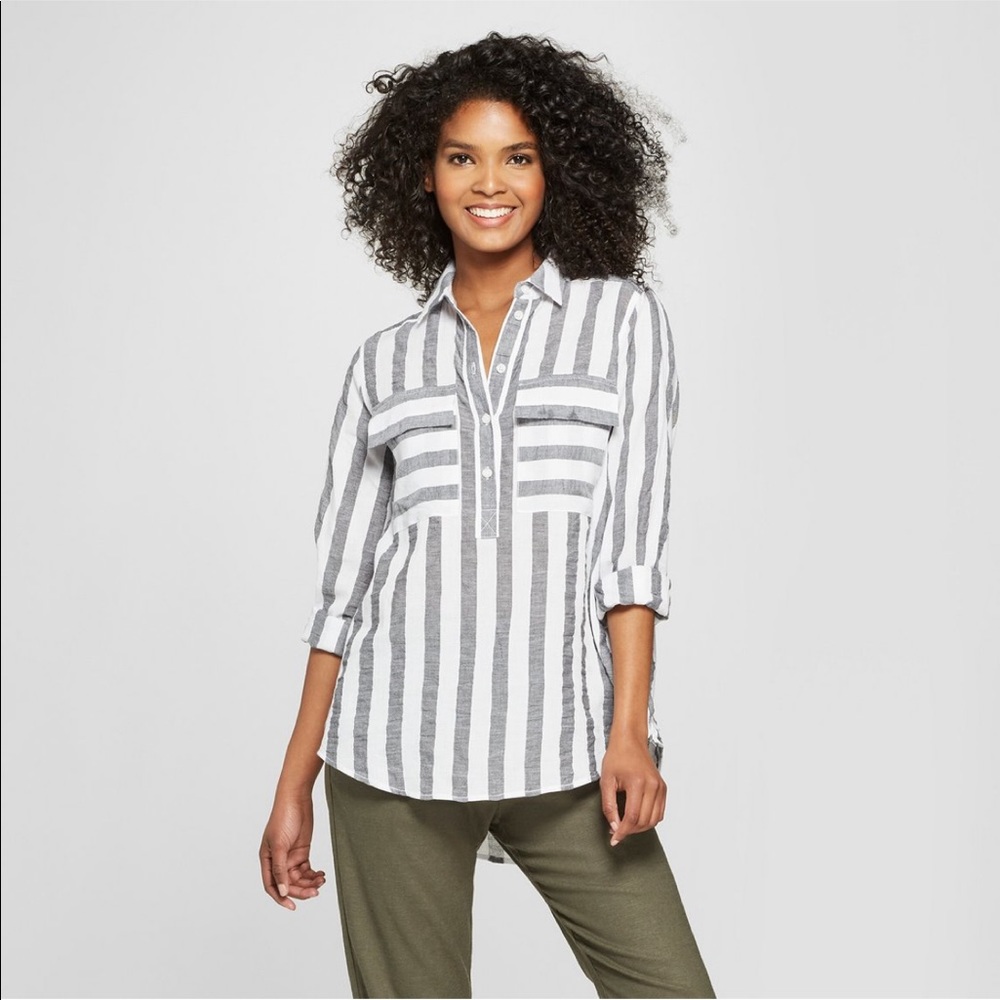 White Grey Gray Striped Button Down Shirt Small